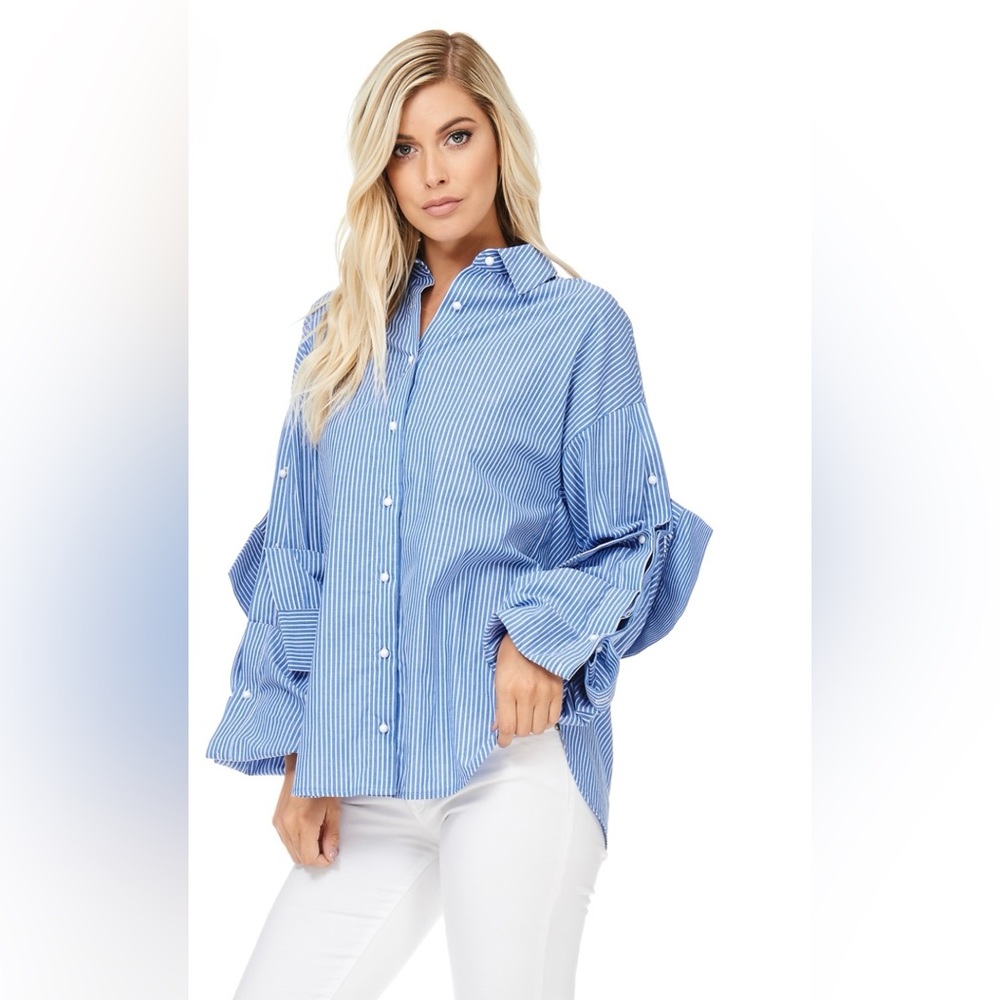 TOV Long-French Cuffed Blue Striped Shirt, Size 40